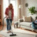 woman vacuuming while man sits on the sofa looking at his phone.