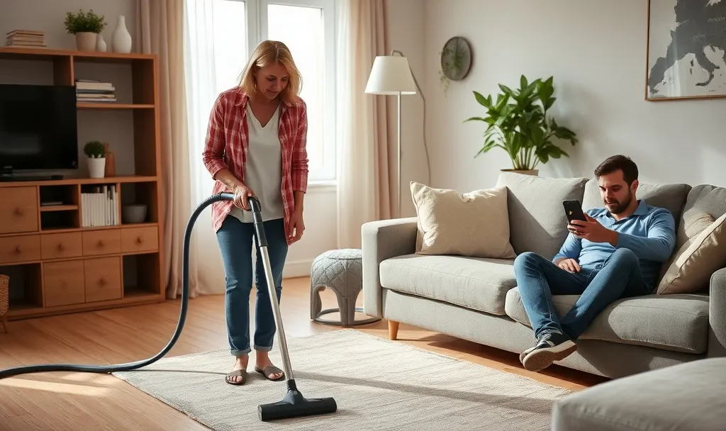 woman vacuuming while man sits on the sofa looking at his phone.